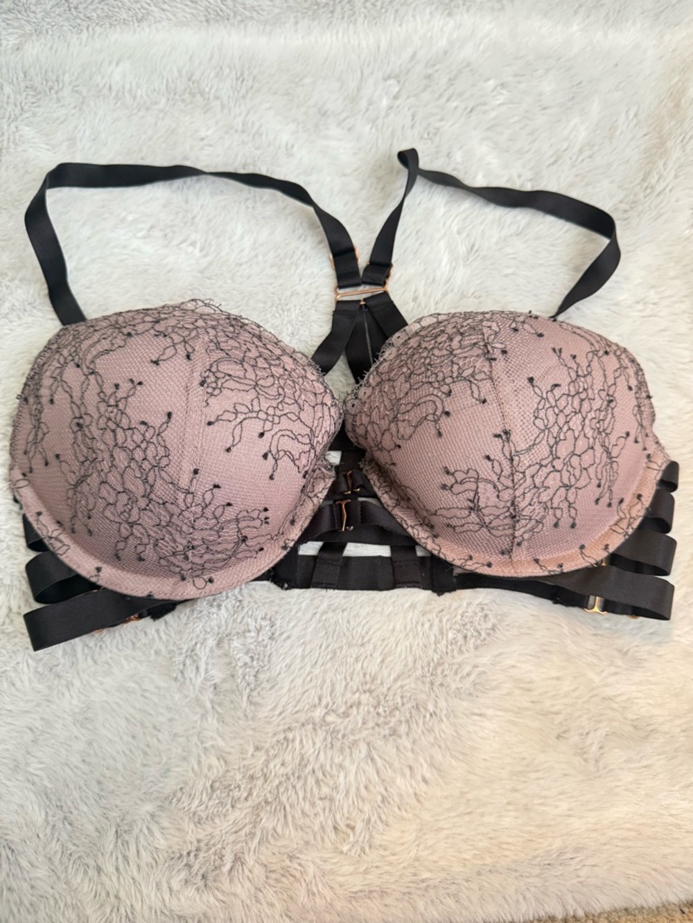Victoria's Secret Rose Taupe and Black Lace Strappy Push-Up Bra